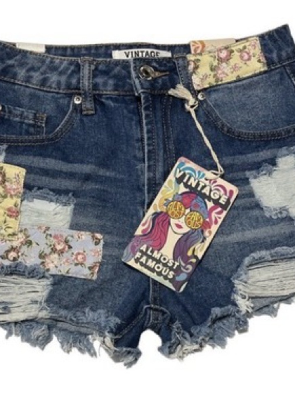 NWT-Almost Famous Vintage Floral Patchwork Distressed Denim Shorts-Size 5